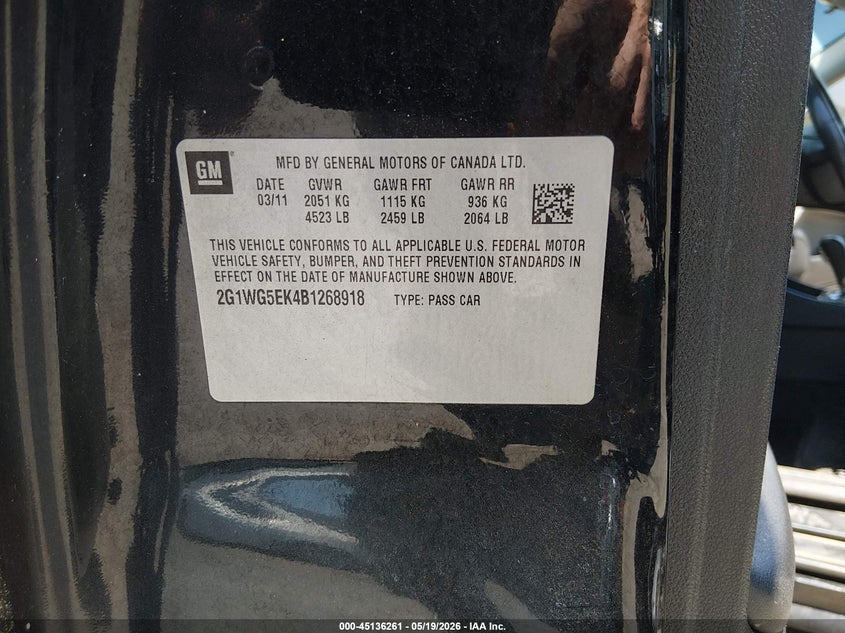 2011 Chevrolet Impala Lt VIN: 2G1WG5EK4B1268918 Lot: 45136261
