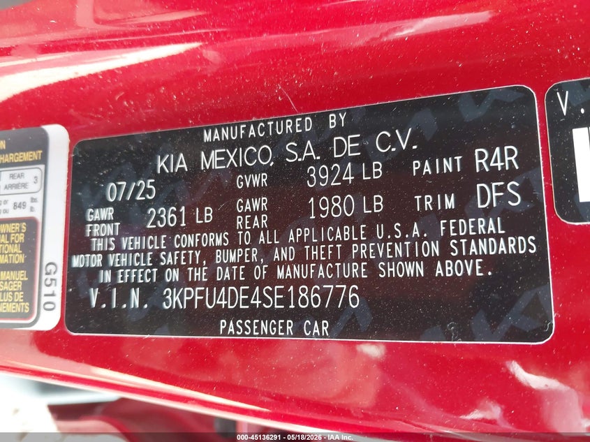 VIN 3KPFU4DE4SE186776 2025 KIA K4 EX