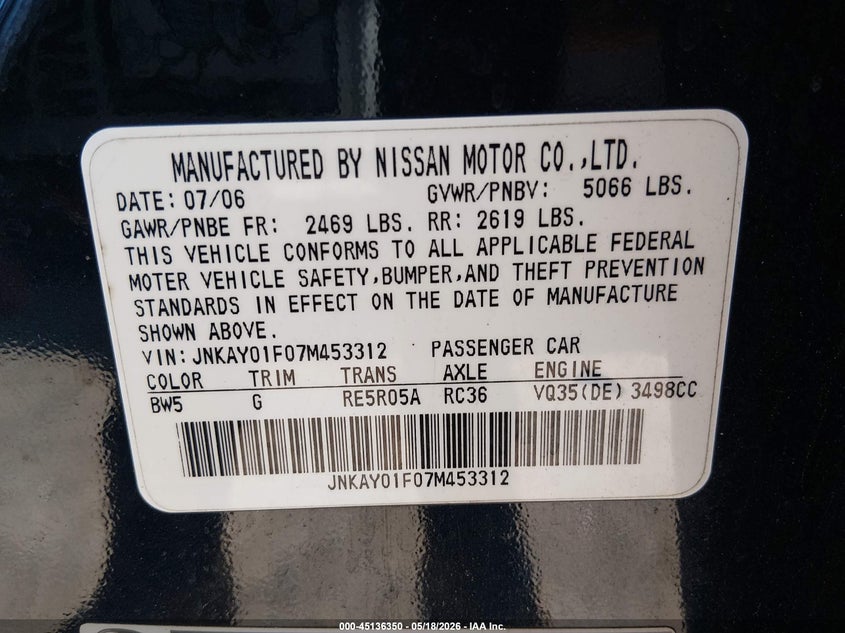 2007 Infiniti M35X VIN: JNKAY01F07M453312 Lot: 45136350