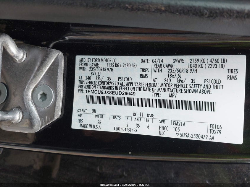 FORD ESCAPE 2014 VIN 1FMCU9JX8EUD28649