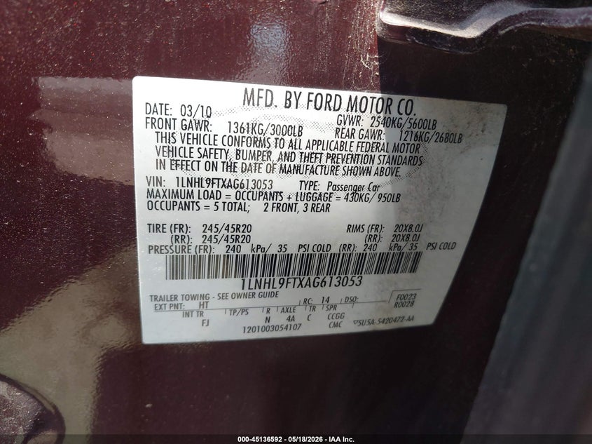 2010 Lincoln Mks Ecoboost VIN: 1LNHL9FTXAG613053 Lot: 45136592