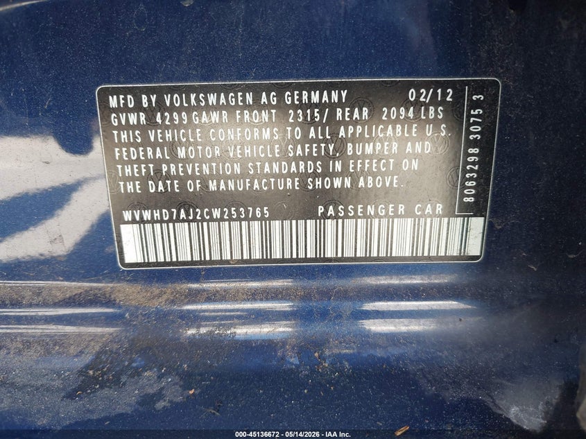 2012 Volkswagen Gti 4-Door VIN: WVWHD7AJ2CW253765 Lot: 45136672