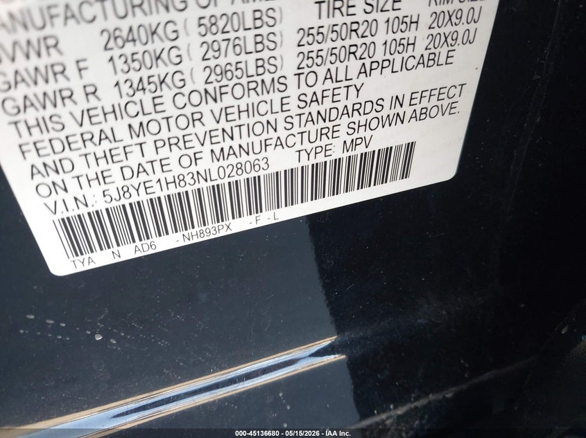 2022 Acura Mdx Advance Package VIN: 5J8YE1H83NL028063 Lot: 45136680
