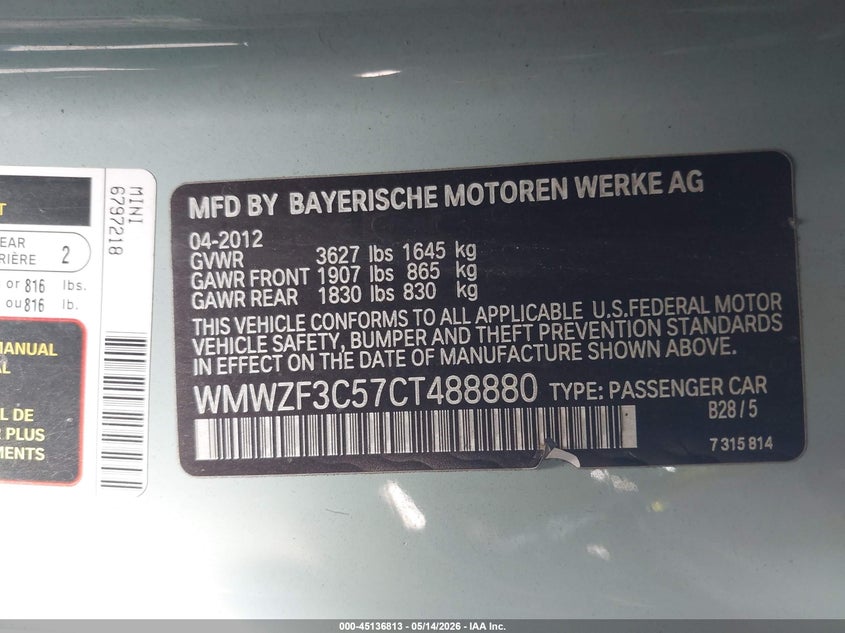 2012 Mini Cooper Clubman VIN: WMWZF3C57CT488880 Lot: 45136813