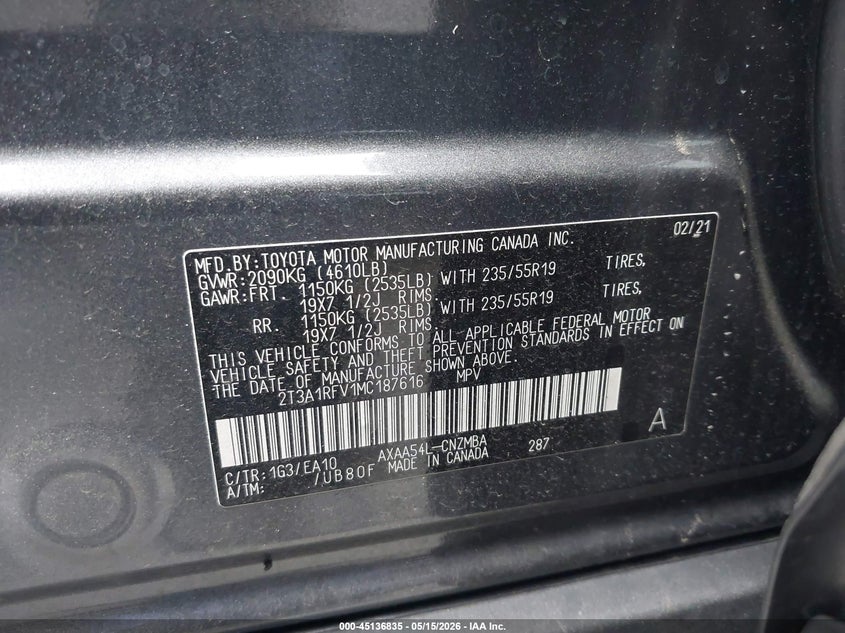 2021 TOYOTA RAV 4 SPORT UTILITY VEHICLE 2.5L I-4 DI, DOHC, VVT, 203HP