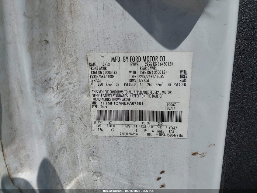 FORD F-150 2014 VIN 1FTMF1CM4EFA67581