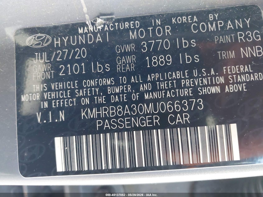 2021 Hyundai Venue Se VIN: KMHRB8A30MU066373 Lot: 45137052
