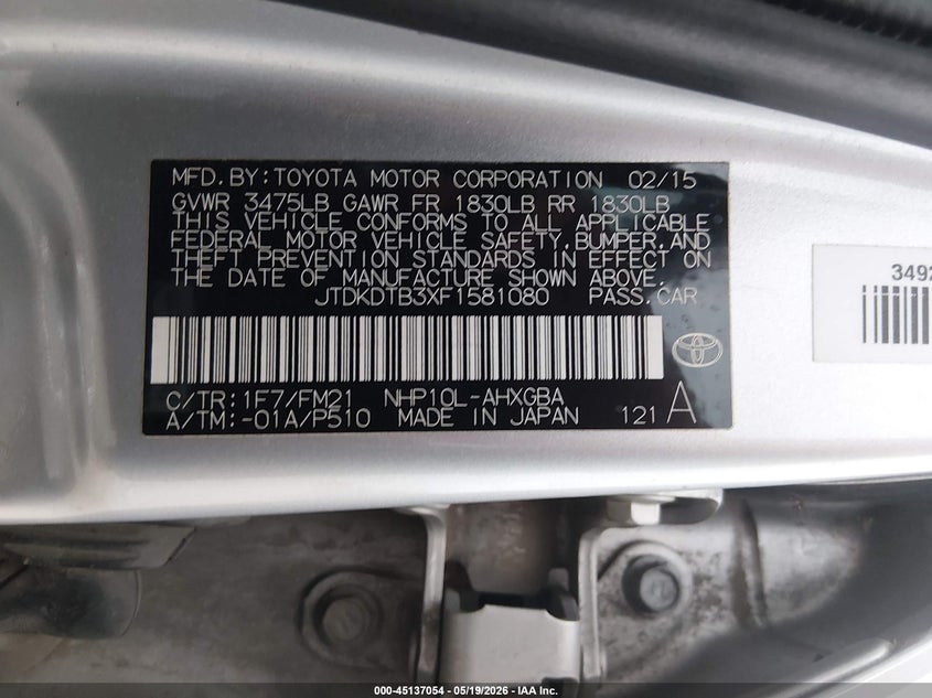 2015 Toyota Prius C Three VIN: JTDKDTB3XF1581080 Lot: 45137054
