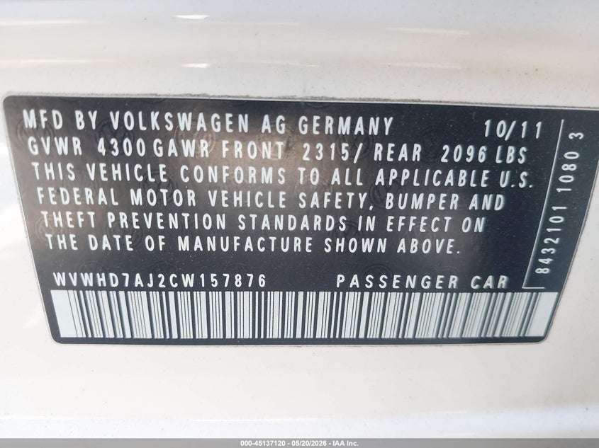 2012 Volkswagen Gti 4-Door VIN: WVWHD7AJ2CW157876 Lot: 45137120