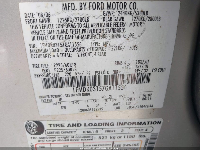 2007 Ford Freestyle VIN: 1FMDK0315GA11554 Lot: 45137230
