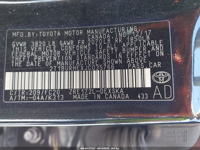 2018 TOYOTA COROLLA SEDAN 1.8L I-4 DOHC, VVT, 132HP