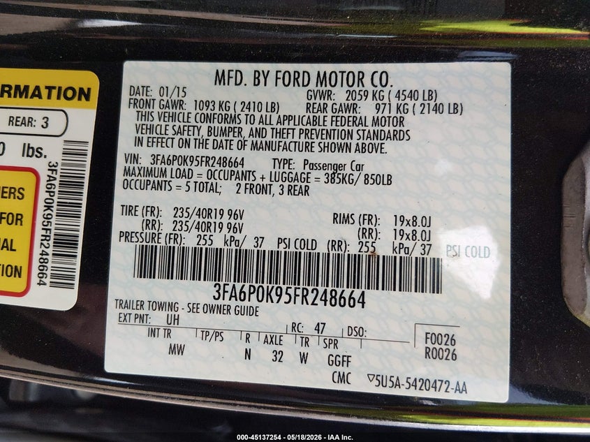 2015 FORD FUSION SEDAN 2.0L I-4 DI, DOHC, VVT, TURBO, 231HP