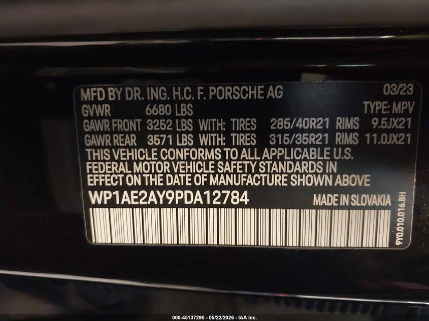 2023 Porsche Cayenne E-Hybrid Platinum Edition VIN: WP1AE2AY9PDA12784 Lot: 45137290
