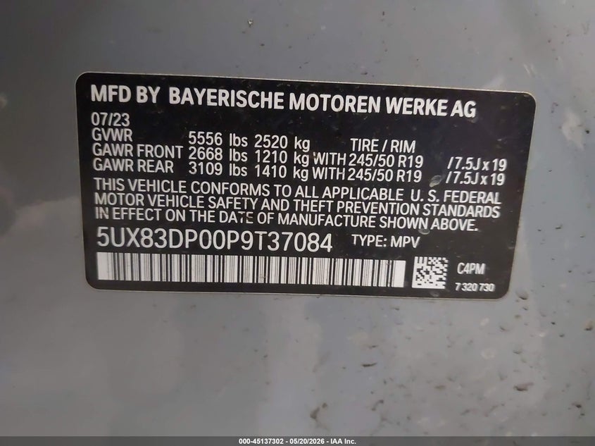 2023 BMW X3 M40I VIN: 5UX83DP00P9T37084 Lot: 45137302