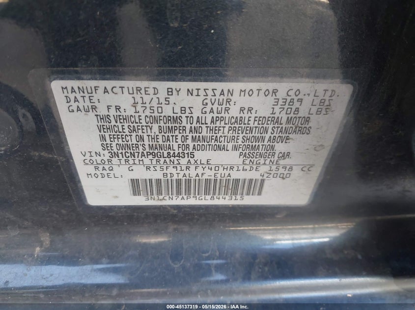 2016 NISSAN VERSA SEDAN 1.6L I-4 DOHC, VVT, 109HP