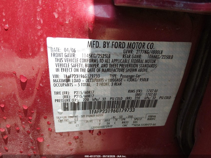 2006 Ford Five Hundred Se VIN: 1FAFP23196G179733 Lot: 45137325