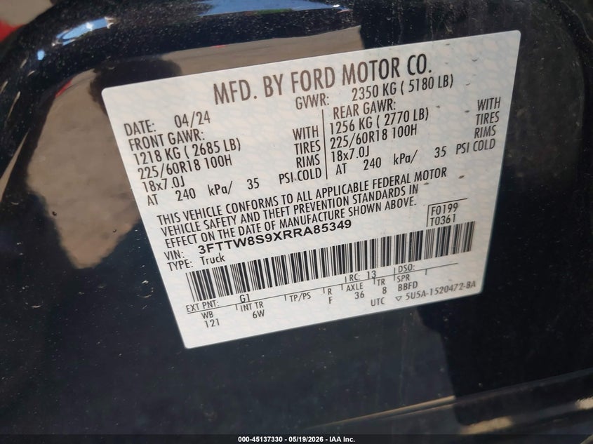 2024 Ford Maverick Lariat VIN: 3FTTW8S9XRRA85349 Lot: 45137330