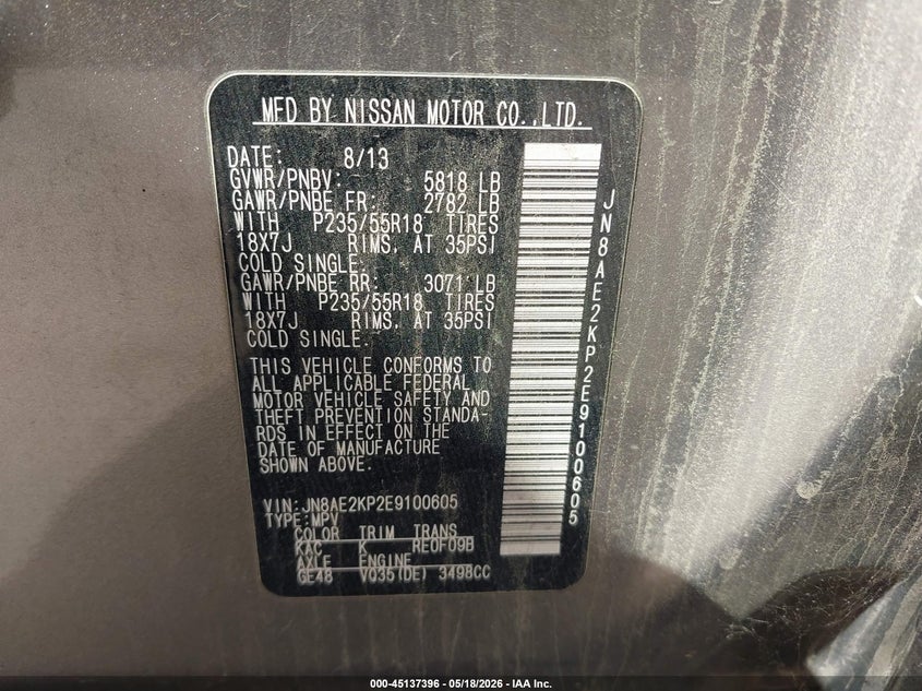 2014 Nissan Quest Le VIN: JN8AE2KP2E9100605 Lot: 45137396
