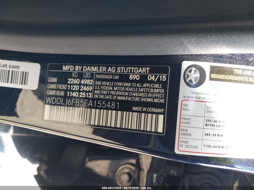 2015 Mercedes-Benz Cls 400 VIN: WDDLJ6FB5FA155481 Lot: 45137403