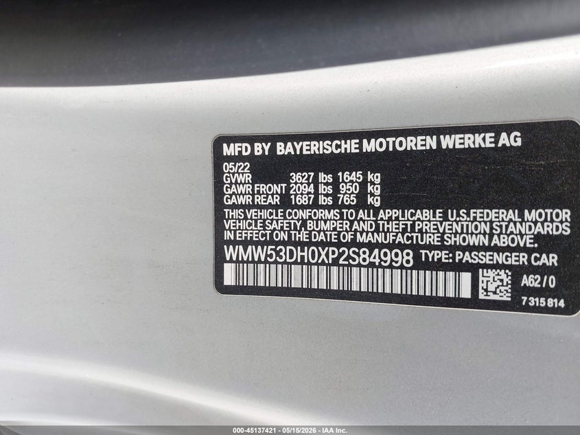 2023 Mini Hardtop Cooper S VIN: WMW53DH0XP2S84998 Lot: 45137421