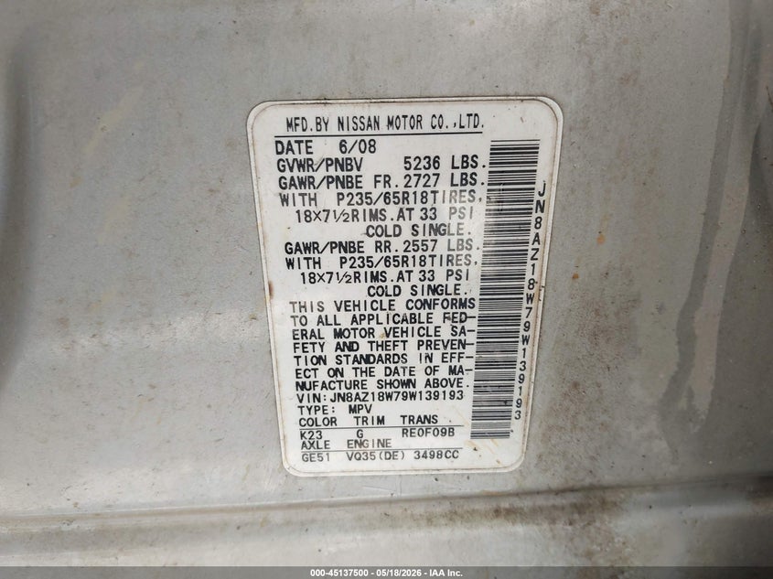 2009 Nissan Murano Sl VIN: JN8AZ18W79W139193 Lot: 45137500