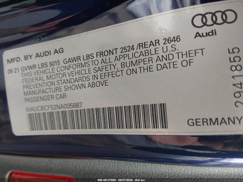 2022 Audi A5 Premium Plus 40 VIN: WAUCBCF52NA005887 Lot: 45137595