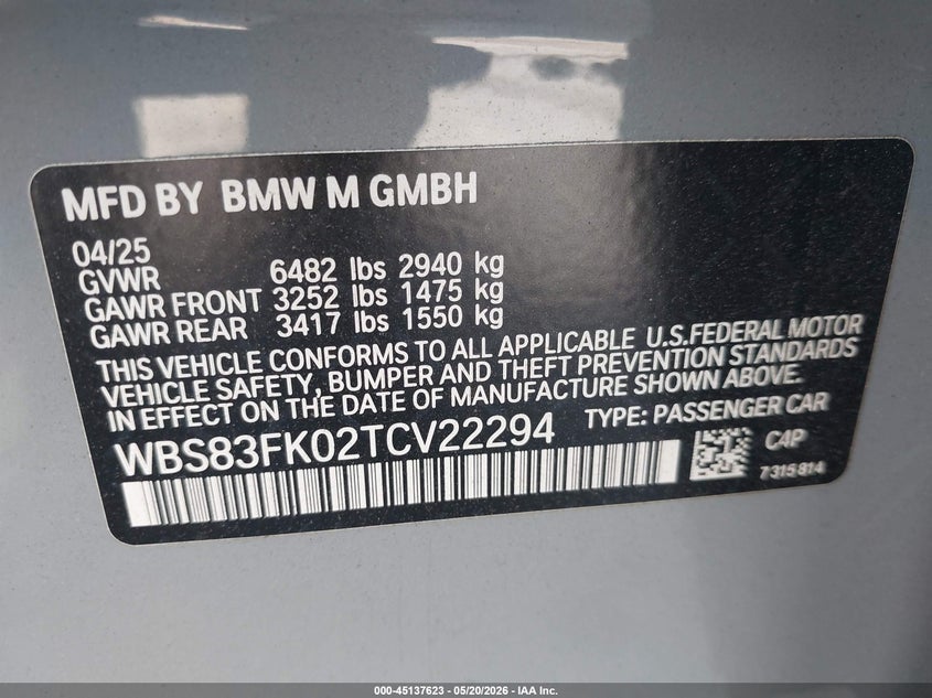 2026 BMW M5 VIN: WBS83FK02TCV22294 Lot: 45137623