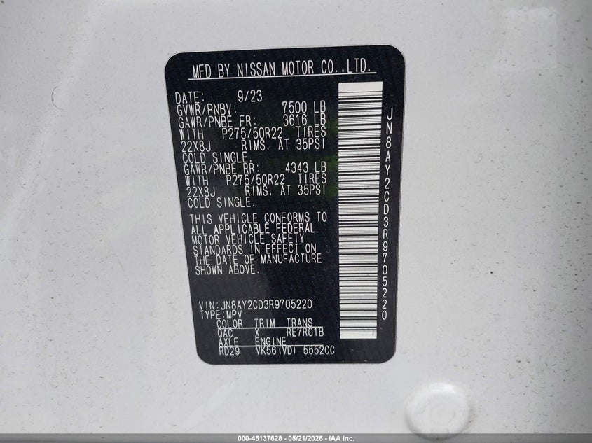 2024 Nissan Armada Platinum 4Wd VIN: JN8AY2CD3R9705220 Lot: 45137628