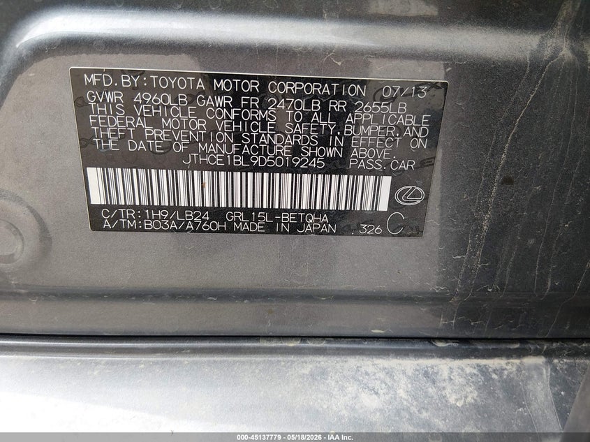 2013 Lexus Gs 350 VIN: JTHCE1BL9D5019245 Lot: 45137779