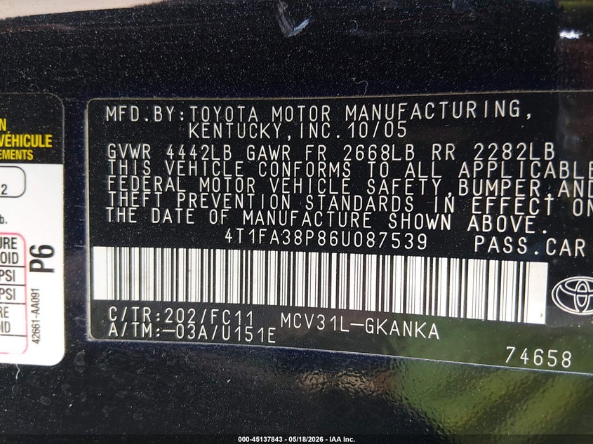 2006 Toyota Camry Solara Se VIN: 4T1FA38P86U087539 Lot: 45137843