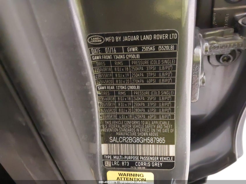 2016 Land Rover Discovery Sport Hse VIN: SALCR2BG8GH587965 Lot: 45137875