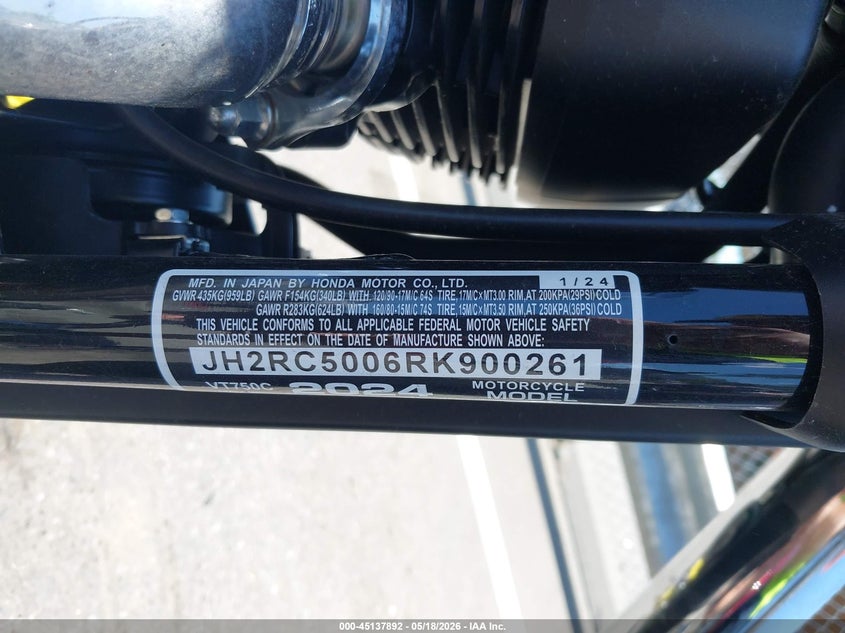 2024 Honda Vt750 C VIN: JH2RC5006RK900261 Lot: 45137892