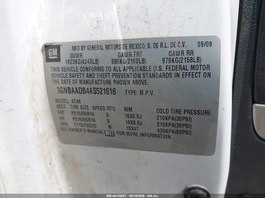 2010 Chevrolet Hhr Ls VIN: 3GNBAADB4AS521618 Lot: 45138087