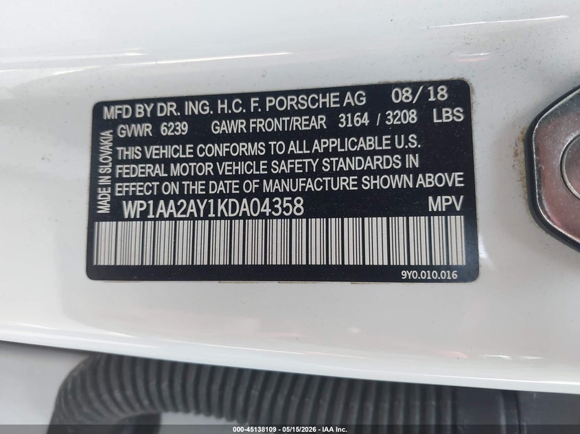 2019 Porsche Cayenne VIN: WP1AA2AY1KDA04358 Lot: 45138109