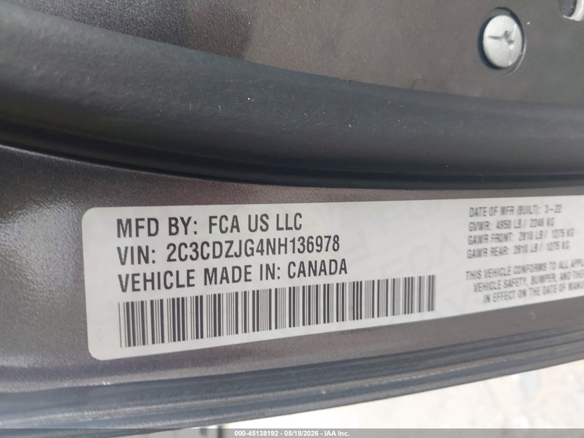 DODGE CHALLENGER 2022 VIN 2C3CDZJG4NH136978