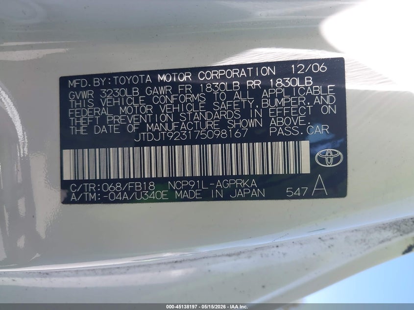 2007 Toyota Yaris VIN: JTDJT923175098167 Lot: 45138197