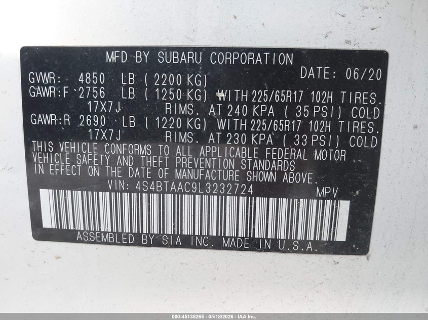 2020 SUBARU OUTBACK SPORT UTILITY VEHICLE 2.5L H-4 DI, DOHC, VVT, 182HP