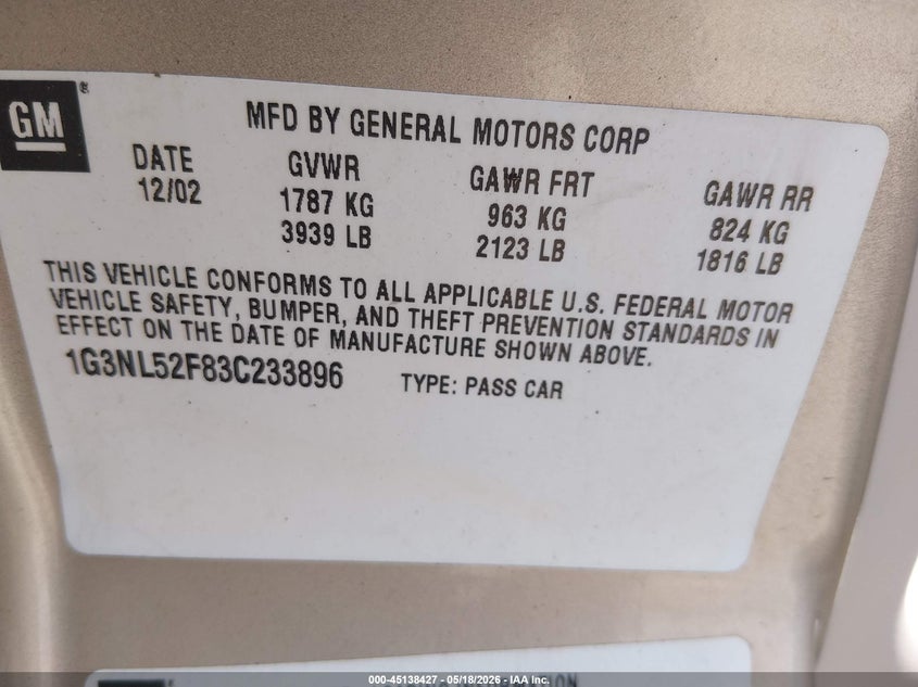 2003 Oldsmobile Alero Gl1 VIN: 1G3NL52F83C233896 Lot: 45138427