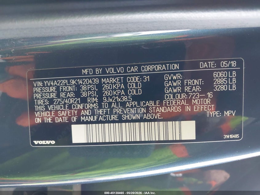 2019 Volvo Xc90 T6 Inscription VIN: YV4A22PL9K1420439 Lot: 45138465