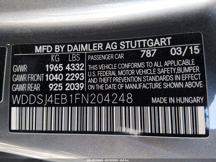 2015 Mercedes-Benz Cla 250 VIN: WDDSJ4EB1FN204248 Lot: 45138468
