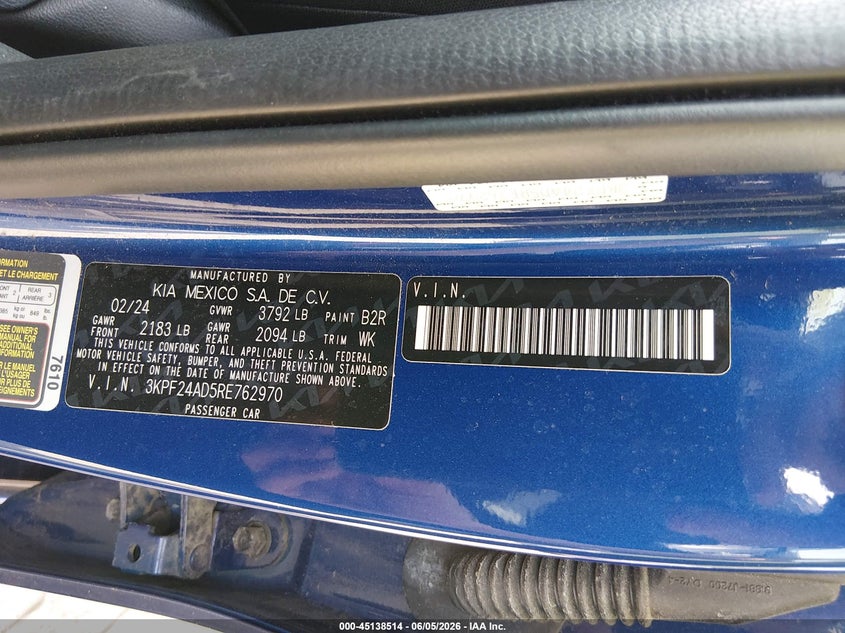 2024 KIA FORTE 2.0L I-4 DOHC, VVT, (VIN: 3KPF24AD5RE762970