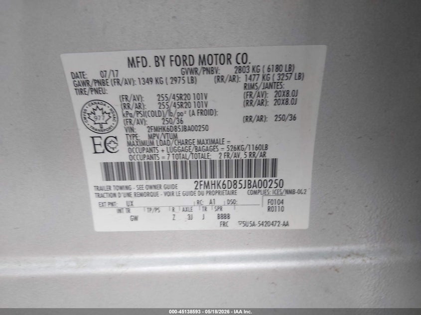 2018 Ford Flex Limited VIN: 2FMHK6D85JBA00250 Lot: 45138593