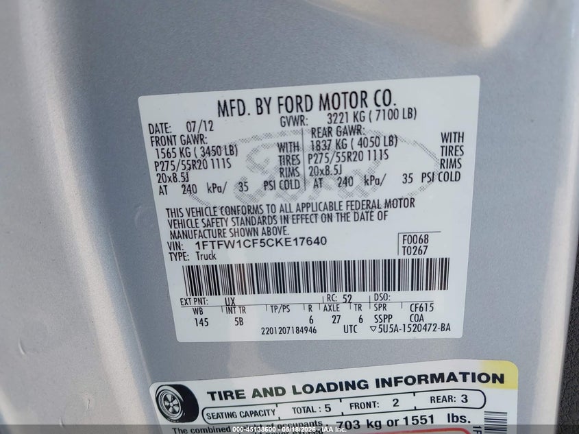 2012 Ford F-150 5.0 Fx2 silver Lot 111045138600 Vin 1FTFW1CF5CKE17640
