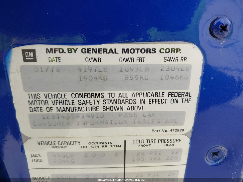 1978 Chevrolet Corvette VIN: 00001Z8748S414910 Lot: 45138747
