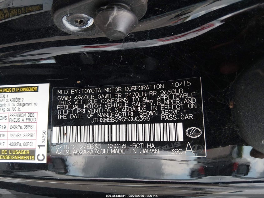 2016 Lexus Rc 300 VIN: JTHSM5BC9G5000396 Lot: 45138781