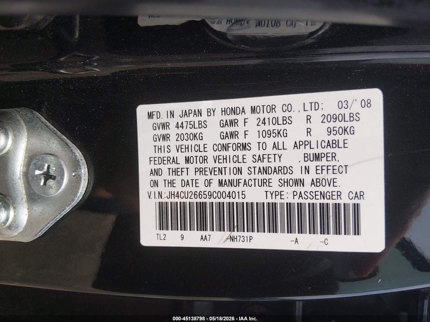 2009 Acura Tsx VIN: JH4CU26659C004015 Lot: 45138798