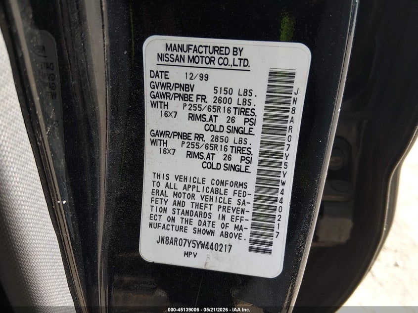 2000 Nissan Pathfinder Le/Se/Xe VIN: JN8AR07Y5YW440217 Lot: 45139006