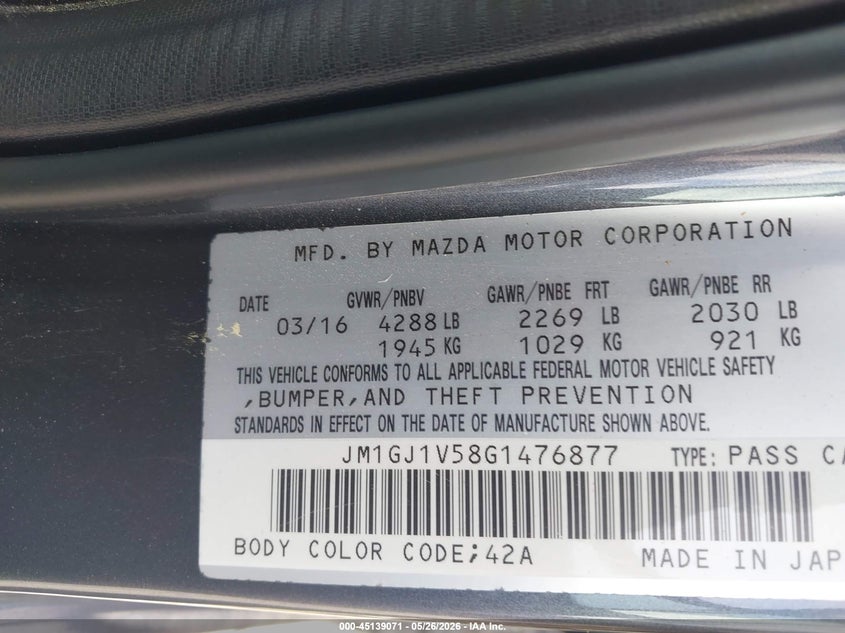 2016 MAZDA 6 SEDAN 2.5L I-4 DI, DOHC, VVT, 184HP