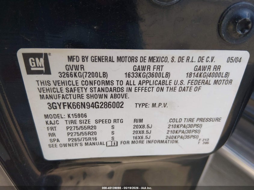 2004 Cadillac Escalade Esv Platinum Edition VIN: 3GYFK66N94G286002 Lot: 45139098