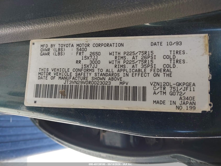 1994 Toyota 4Runner Vn29 Sr5 VIN: JT3VN29V0R0023023 Lot: 45139180